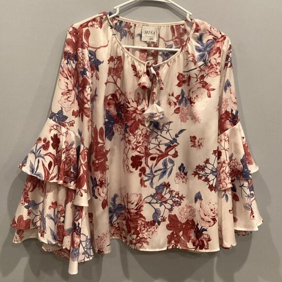 Misa Los Angeles Womens Leona Top Small White Floral Bell Sleeve Boho Romantic - Picture 4 of 12